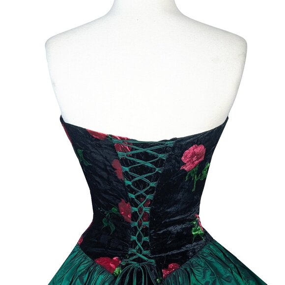 Vintage 80s CORSET Rose Floral Black Velvet Strapless Green Prom Party Dress S - Picture 13 of 16